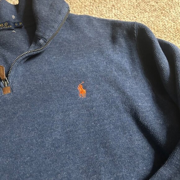 POLO Ralph Lauren Blue 1/4 Zip Men's L Pullover Knit Sweater – Orange Pony - Picture 5 of 10